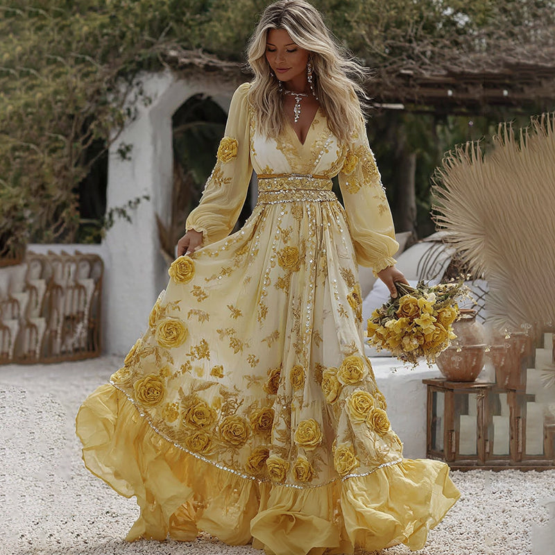 Comstylish Women's Vintage Yellow Roses And Floral Art Print V-neck Long Sleeve Maxi Dress