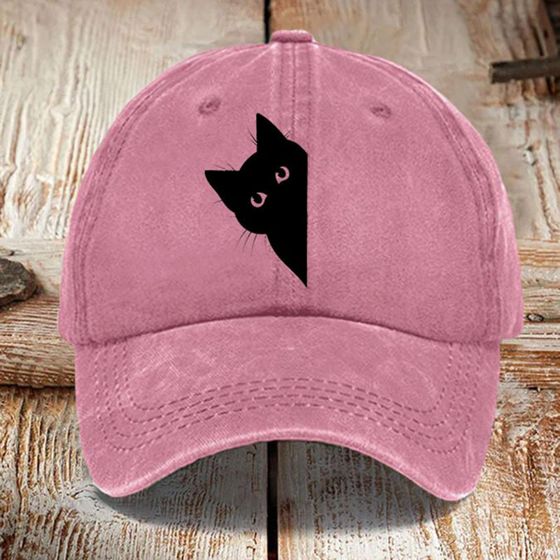 Comstylish Japanese Art Black Cat Print Washed Sun Hat