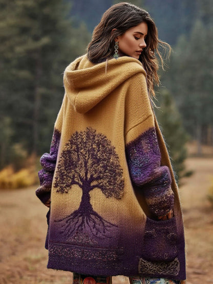 Comstylish Women's Viking Floral And Life Of Tree Art Knitted Cozy Hooded Cardigan