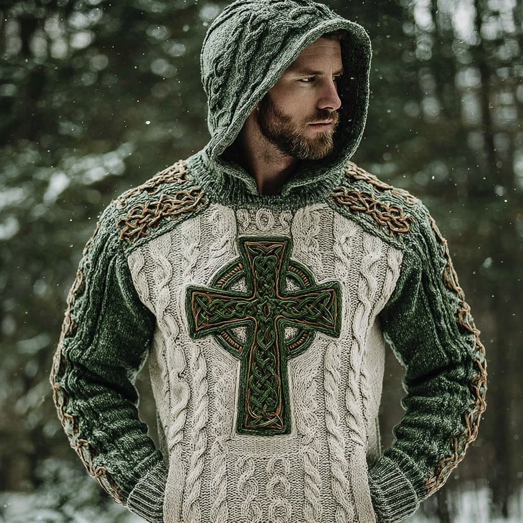 Men's Vintage Irish Celtic Cross Knit Chunky Hooded Sweater artswardrobe