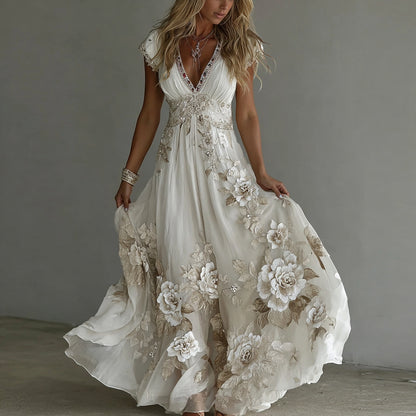 Comstylish Women's Vintage Boho Floral Art Short-sleeved Maxi Dress