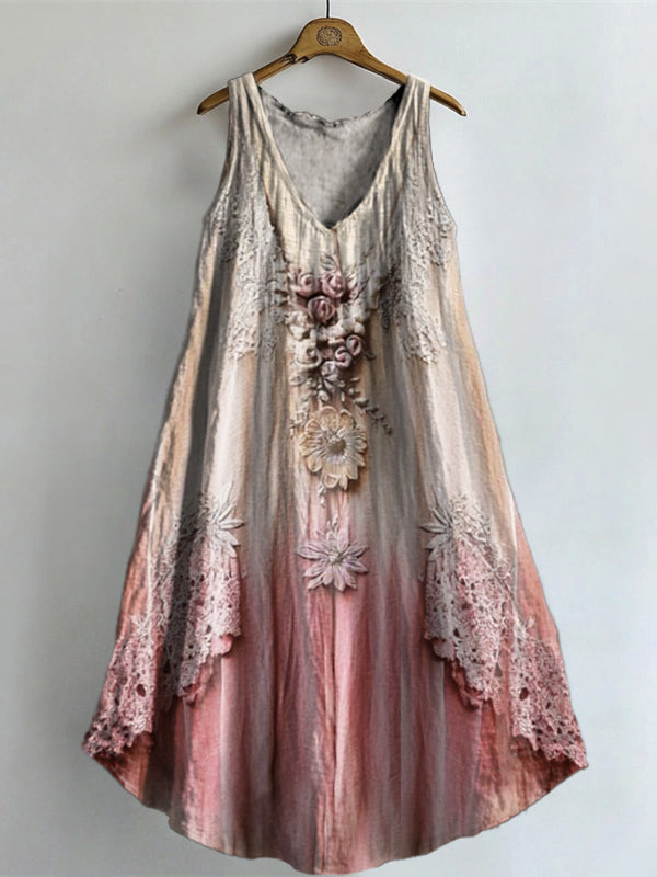 Women's Vintage Lace Floral Art Print V-neck Pocket Cotton Dress