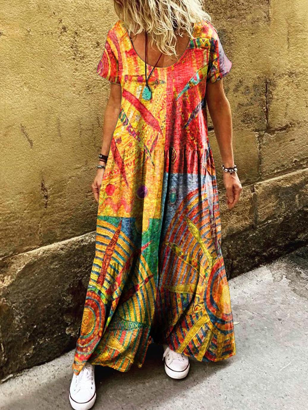 Women's Bohemian Sun Collage Art Pattern Print Pocket Short Sleeve Cot