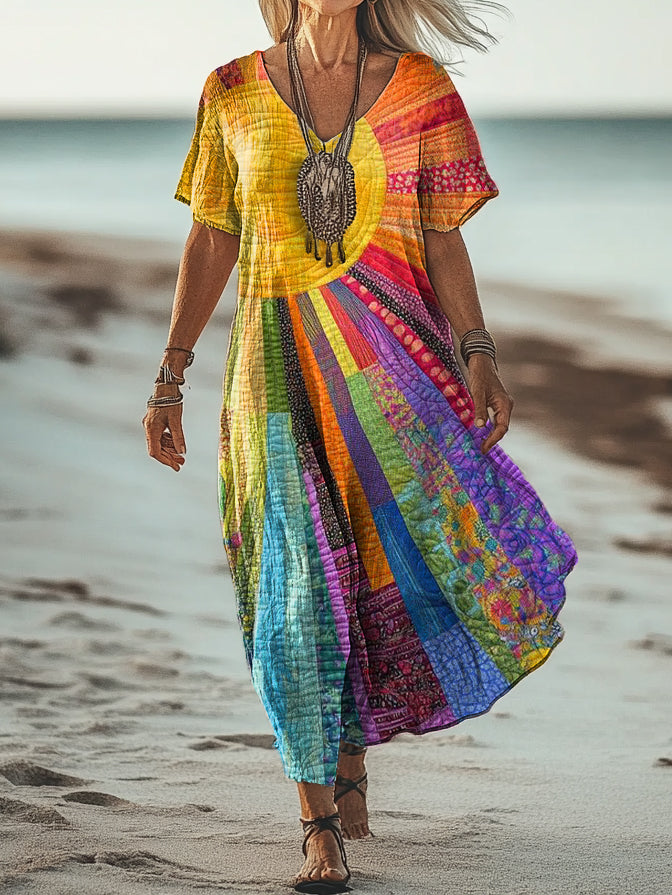 Women's Colorful Sun Collage Art Print Pocket Cotton Dress