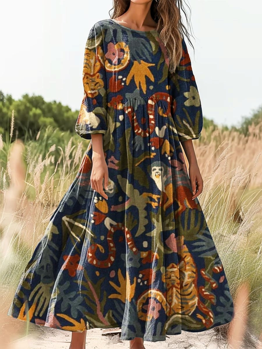 Women's Vintage Animals Tropical Art Print Flowy Cotton Crew Neck Dres