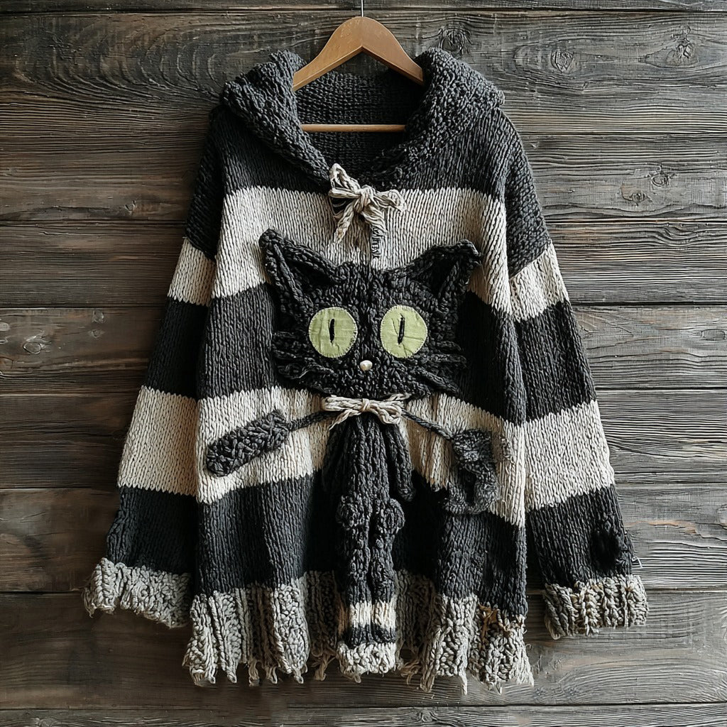 Halloween Cute Black Cat Striped Knitted Hooded Sweater artswardrobe