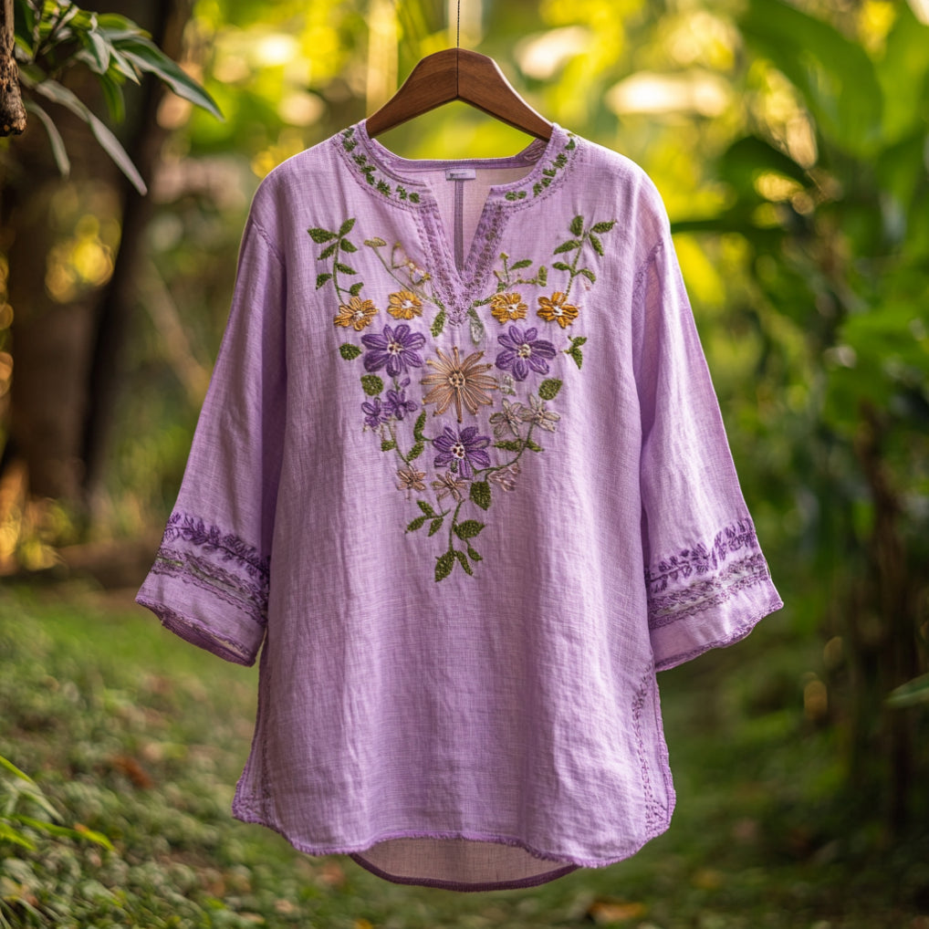 Women's Purple Flowers Embroidery Vintage Linen  Shirt artswardrobe