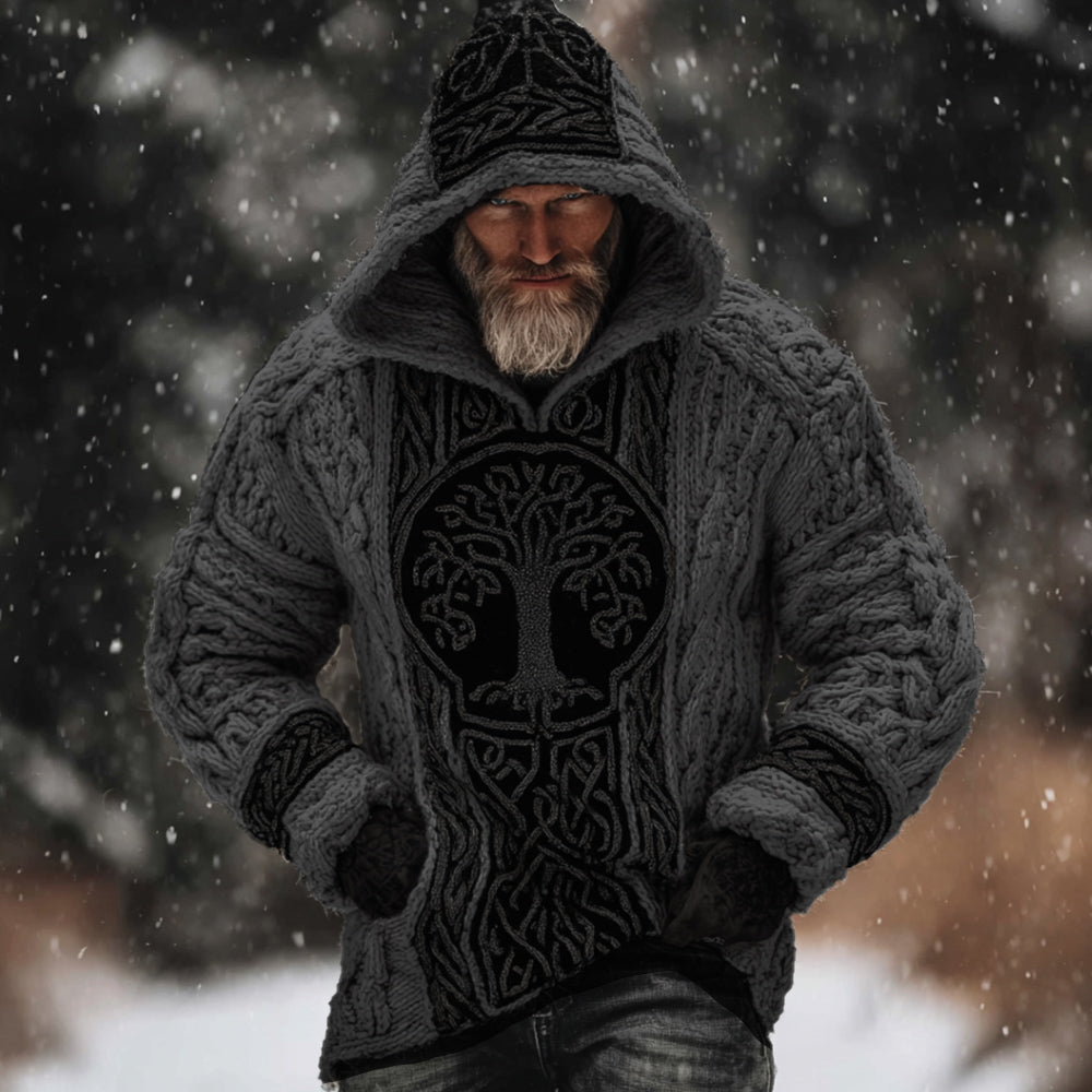 Men's Viking Style Tree Of Life White Thick Needle Hooded Sweater artswardrobe