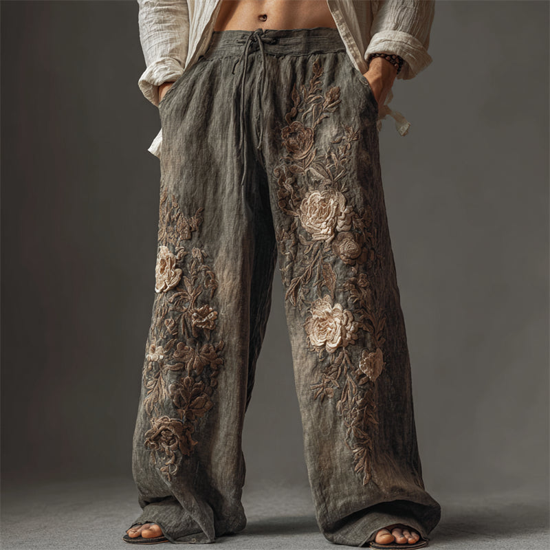 Men's Vintage Flowers Dusty Dyed Wide Leg Linen Pants artswardrobe