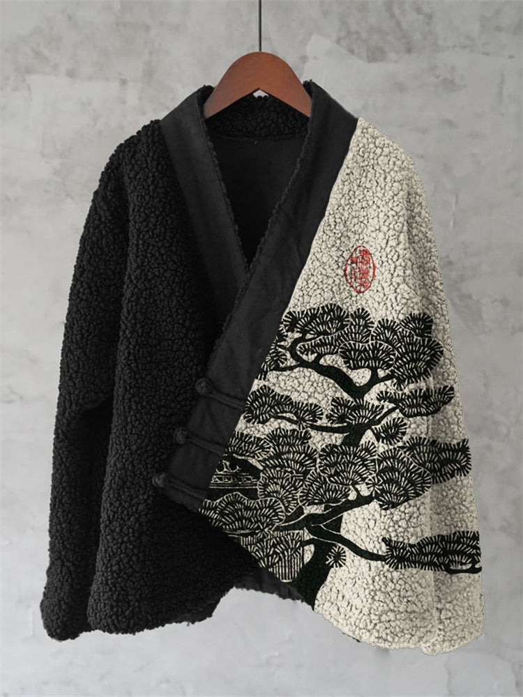 Comstylish Pine Tree Japanese Lino Art Contrast Cozy Fleece Kimono Cardigan