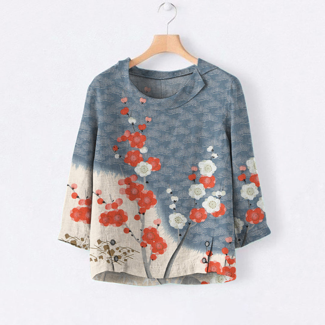 Comstylish Japanese Art Sakura Print Lapel Blouse