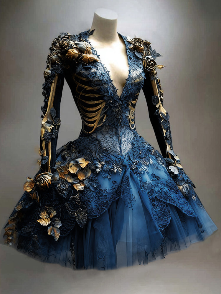 Comstylish Women's Gothic Skull And Branches Pattern Witch Midi Dress