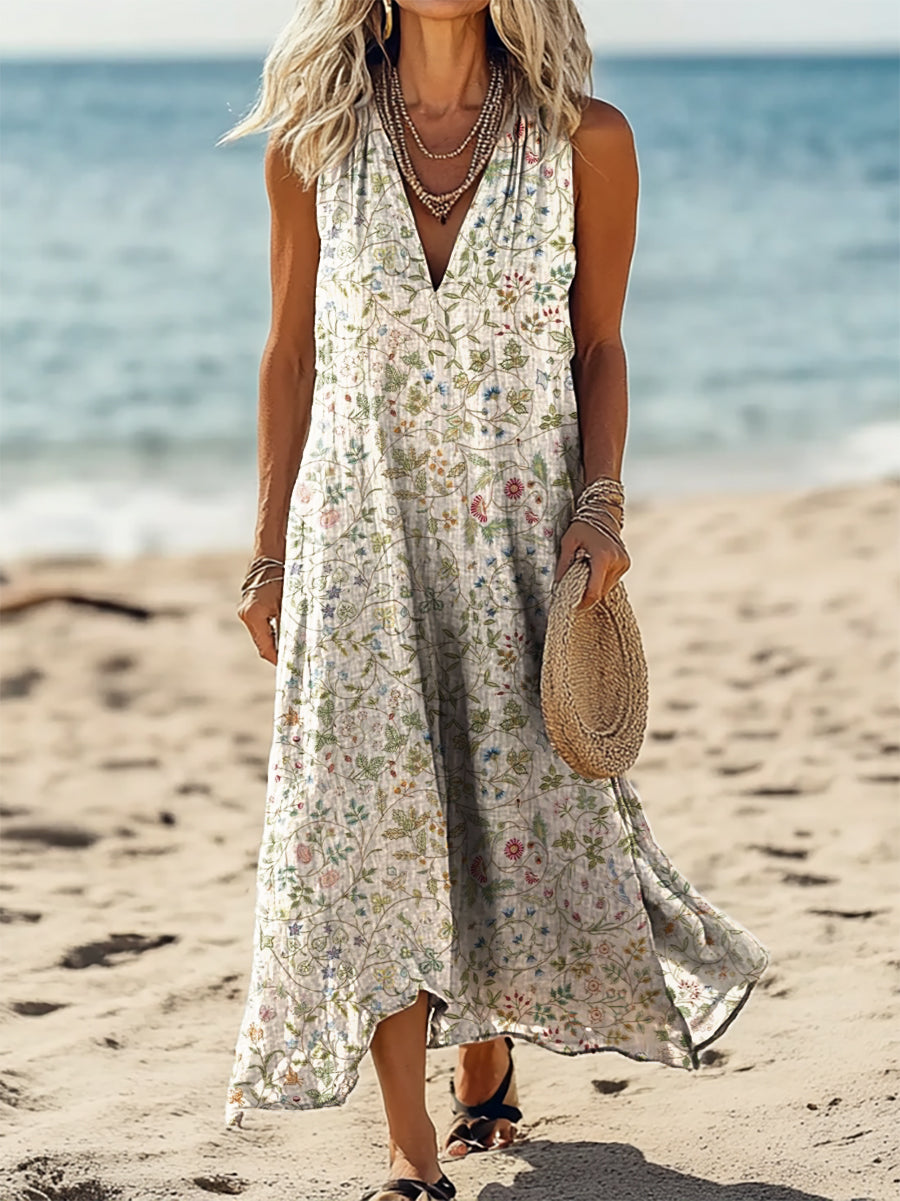 Women's Vintage Floral Art Print Pocket Cotton Dress