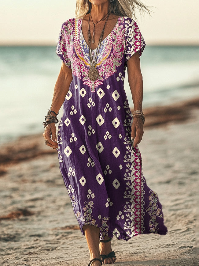 Women's Ethnic Floral Art Print Sleeveless V-Neck Pocket Cotton Dress