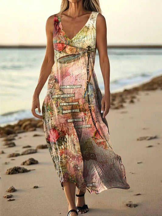 Women's Dragonfly Pattern Art Print Sleeveless Cotton Shirt