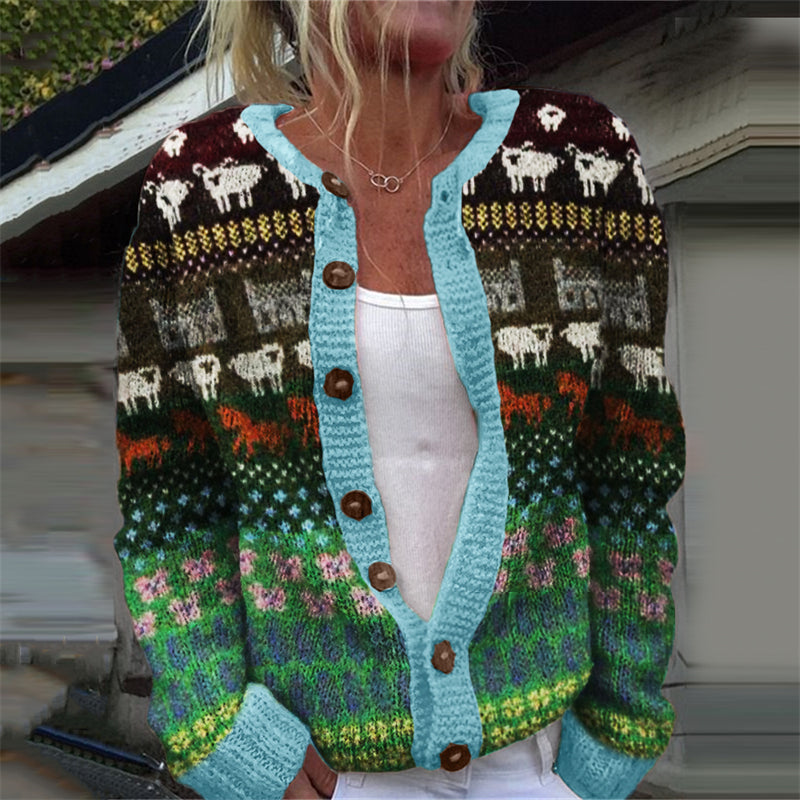 Comstylish Vintage Farm Sheep Floral Colorblock Isle Cozy Knit Cardigan