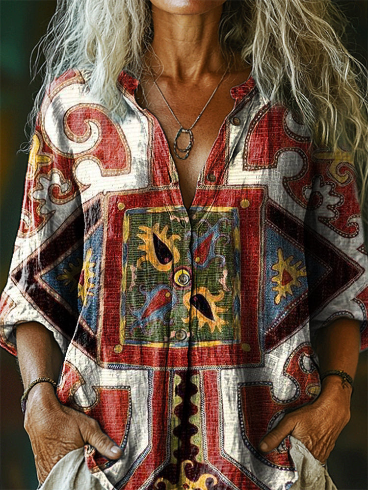 Women's Bohemian Totem Pattern Art Print Casual Cotton Linen Shirt