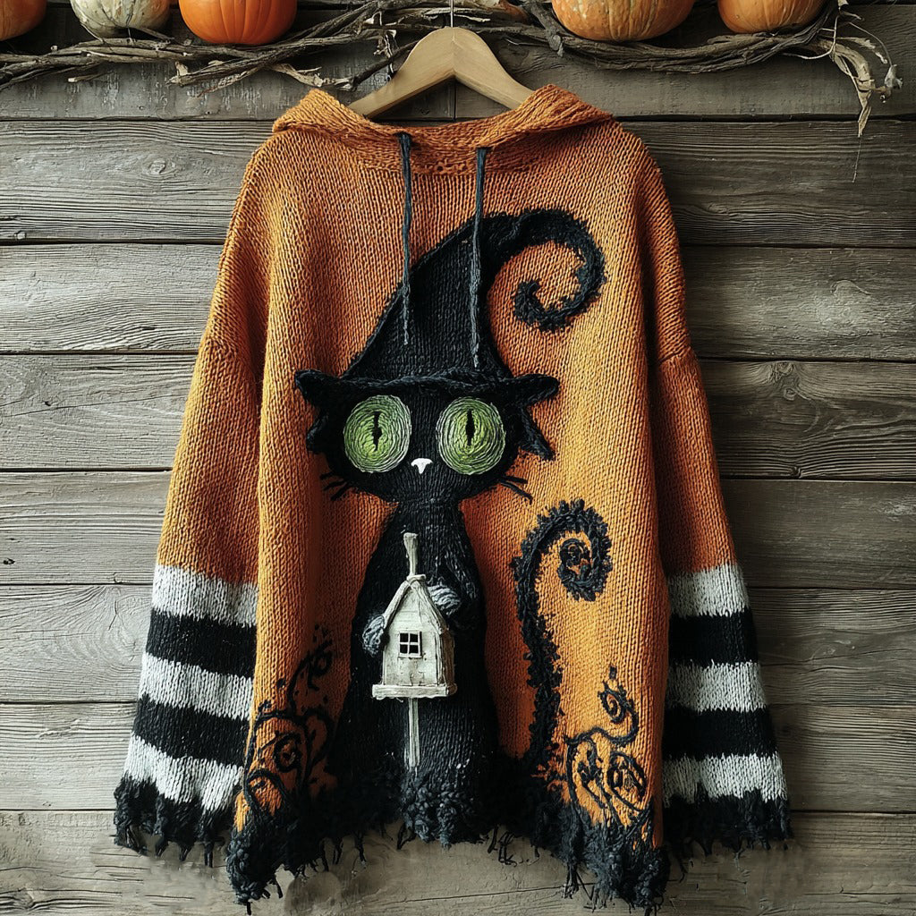 Comstylish Women's Halloween Black Cat Striped Knitted Hooded Sweater