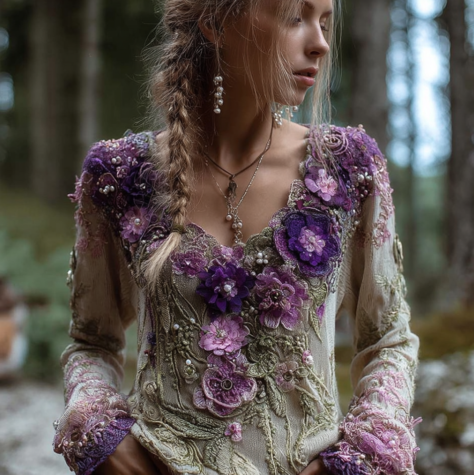 Bohemian Style Round Neck Long Sleeve 3d Purple Flower Design Women's Sweater artswardrobe