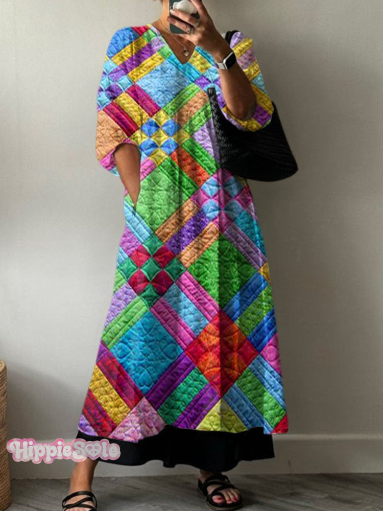 Women's Retro Colorful Plaid Print Pocket V-neck Cotton Dress