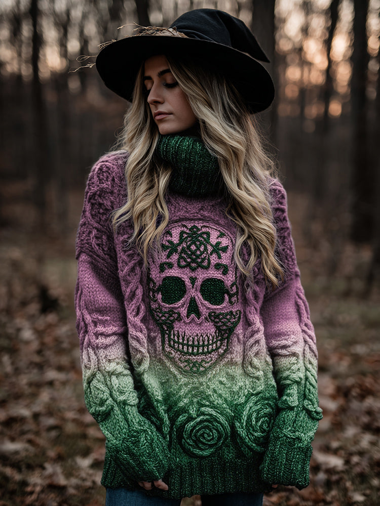 Women's Viking Tribal Jacquard Celtic With Rose And Skull Inspired Chunky Knit Hooded Sweater artswardrobe