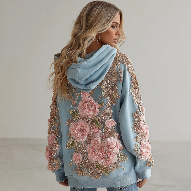 Comstylish Women's Vintage Pink Flower Embroidery Art Long Sleeve Hoodie