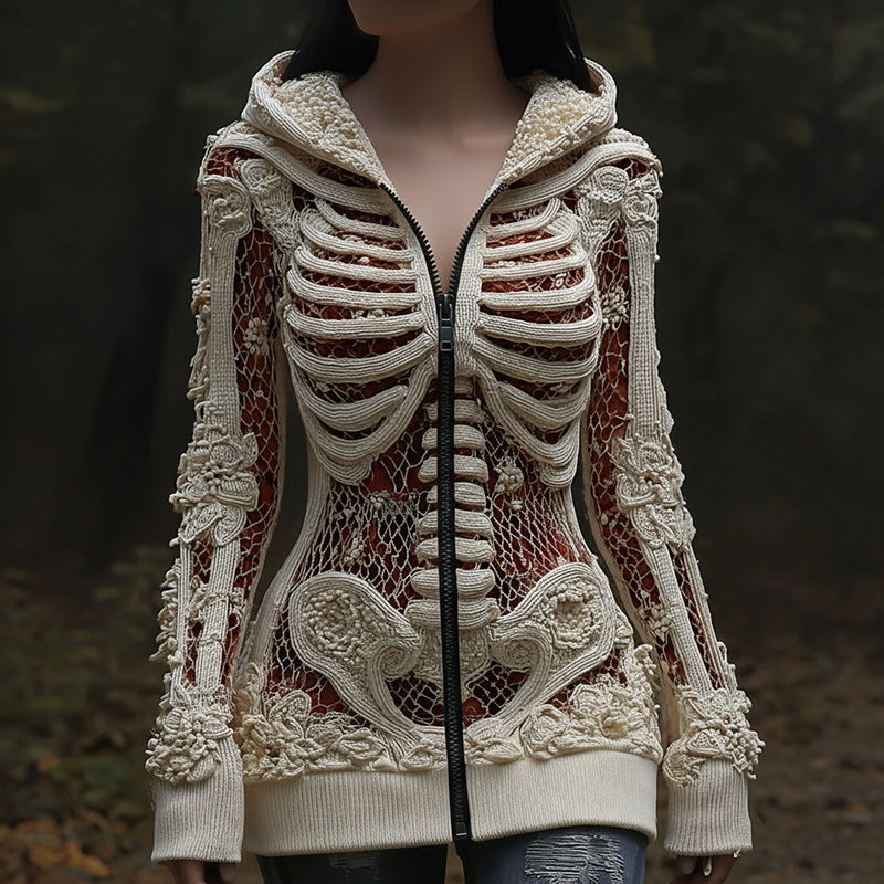 Women's Halloween Skull Sequin Art Knitted Warm Zipper Sweater artswardrobe