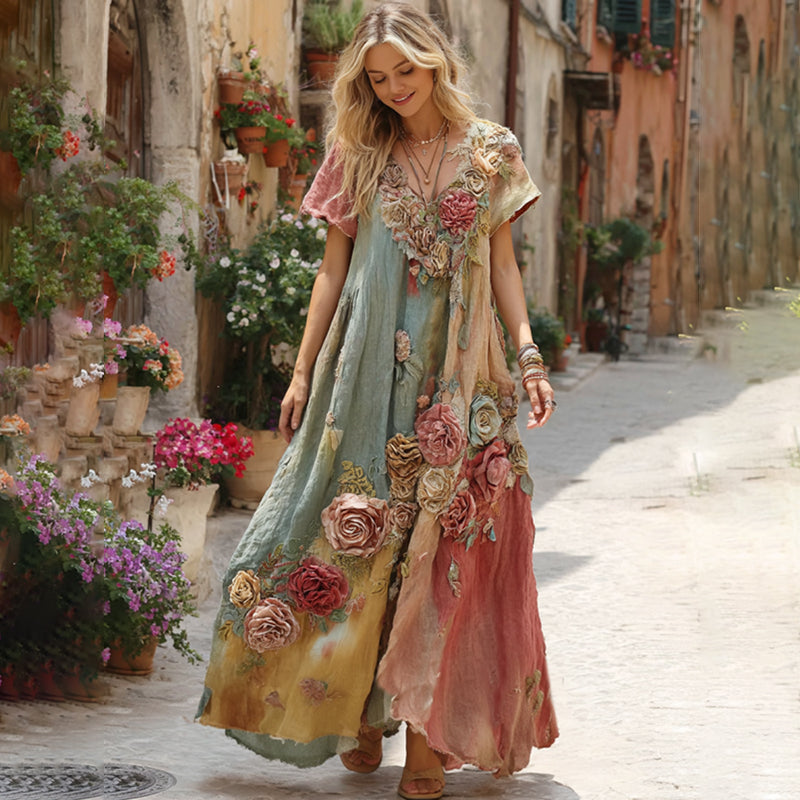 The Ice Cream Collection Women's Classic Bohemian Floral And Rose Gradient Art Linen V Neck Maxi Dress artswardrobe
