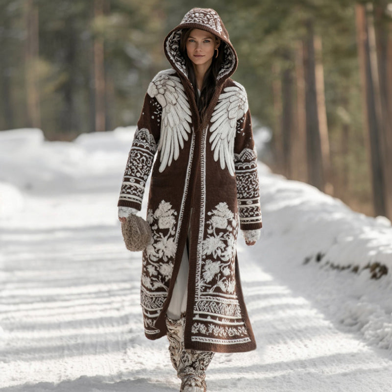 Comstylish Women's Retro Celtic Style Wings And Botanical Pattern Comfortable Hooded Winter Cardigan Sweater