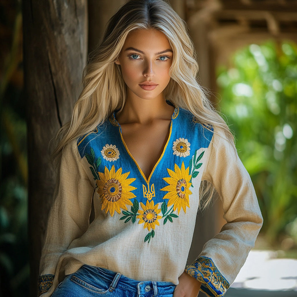 Ukraine Sunflower Embroidery Blend Linen V Neck Loose Blouse artswardrobe