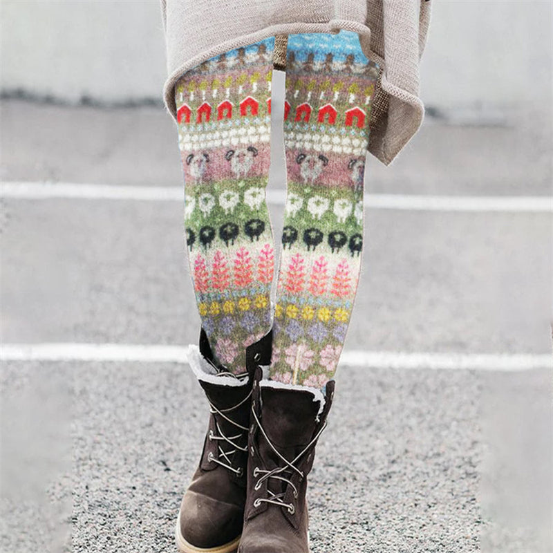 Comstylish Vintage Farm Sheep Floral Isle Cozy Knit Leggings