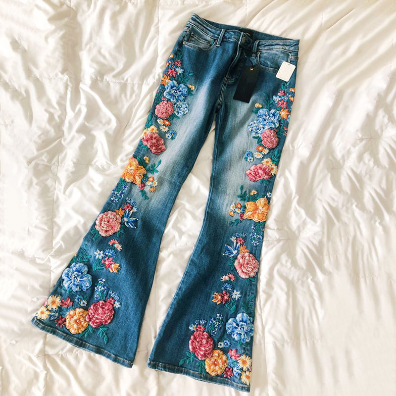 Comstylish Vintage Japanese Sakura Applique Embroidery Art Design Jeans