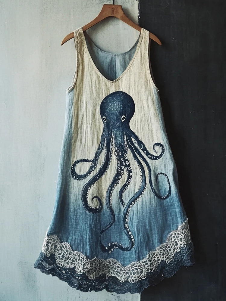 Octopus Pattern Lace Patchwork Linen Blend Dress artswardrobe