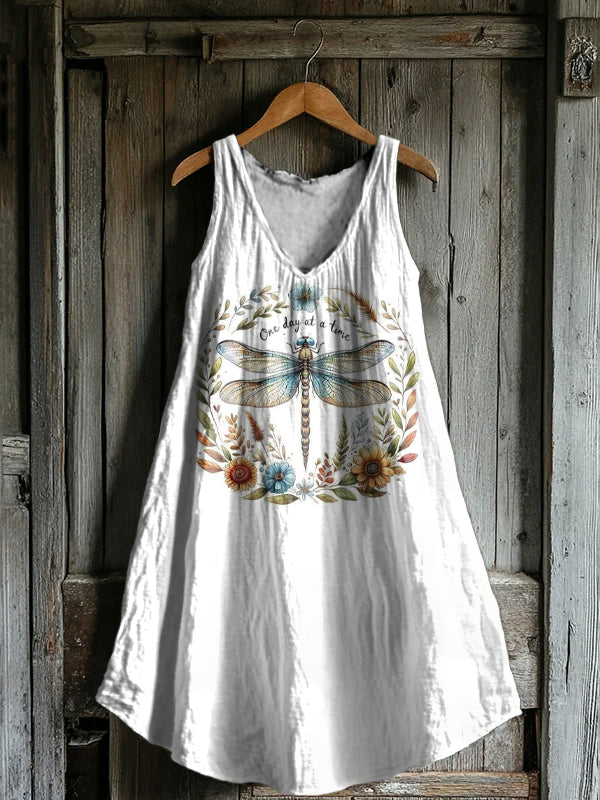 Women's Dragonfly Floral Art Print V-Neck Pocket Cotton Dress