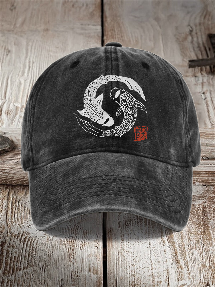 Comstylish Carp Fish Contrast Japanese Lino Art Washed Cap