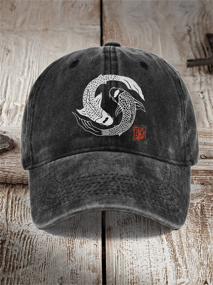 Comstylish Carp Fish Contrast Japanese Lino Art Washed Cap