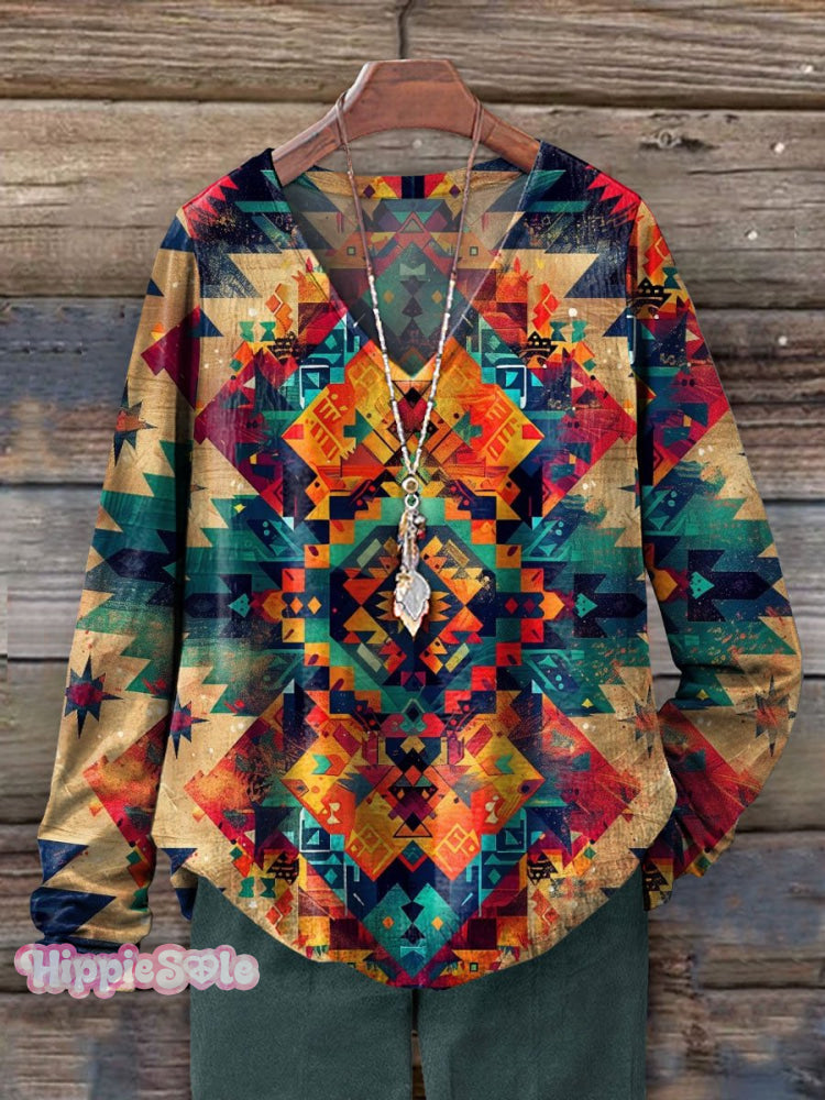 Women's Abstrct Art Print 100% Cotton Casual V-neck Long Sleeve Shirt