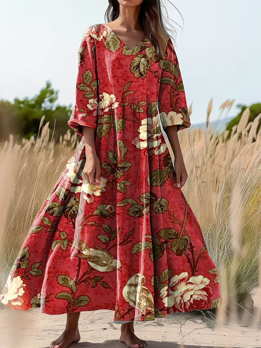Women's Floral Art Print Flowy V-Neck Cotton Dress