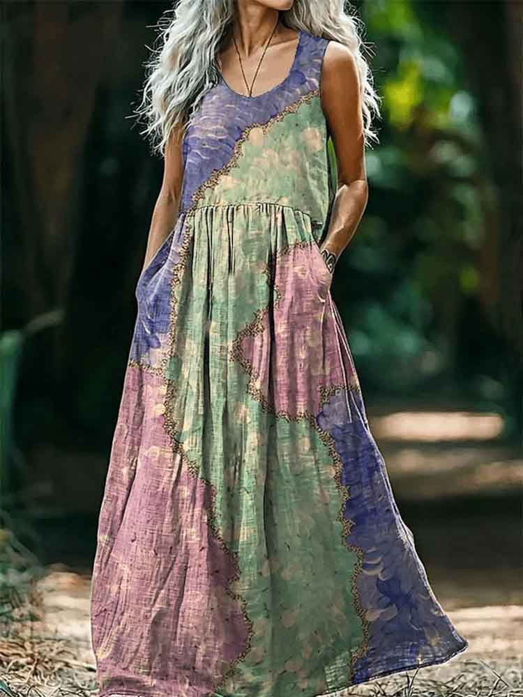 Women's Colorblocked Pattern Art Print Round Neck Sleeveless Cotton Po