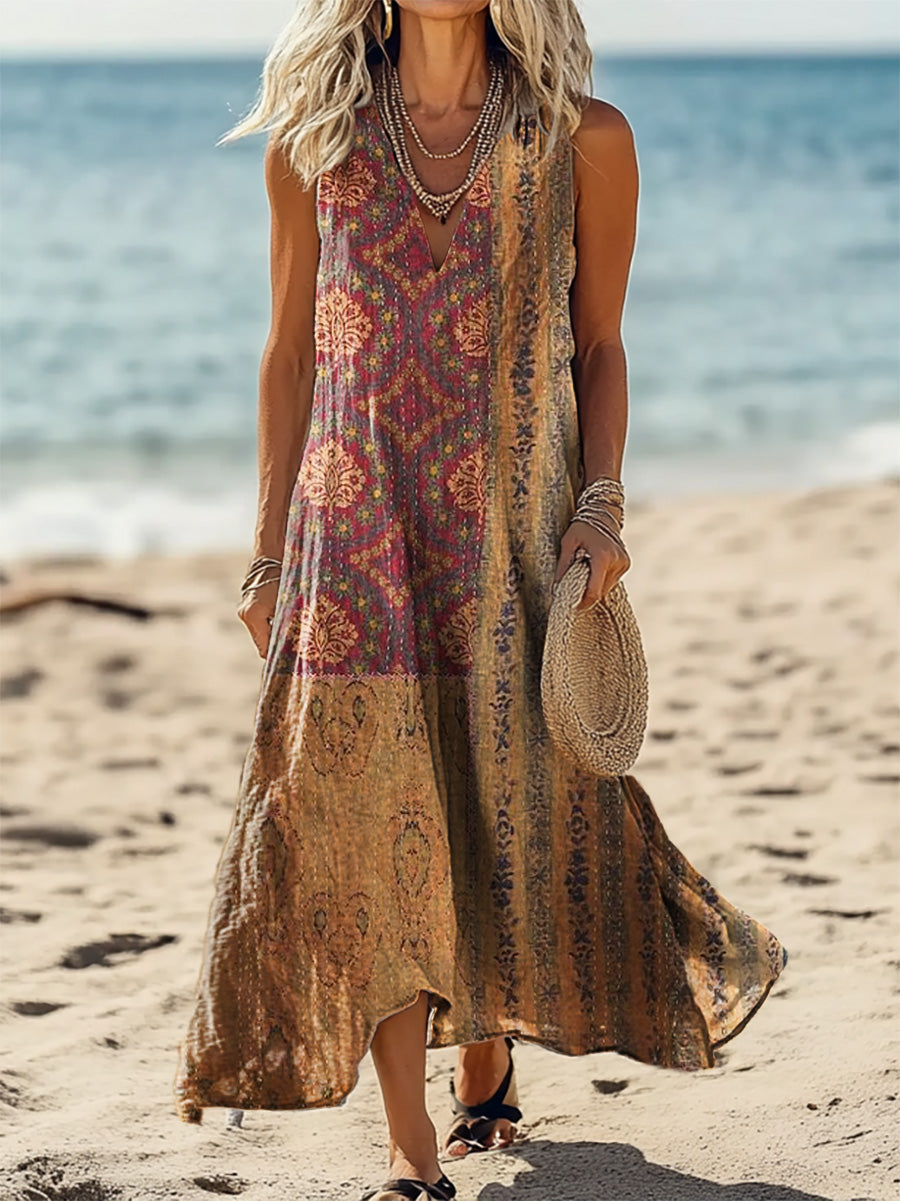 Women's Vintage Ethnic Patchwork Art Print V-Neck Sleeveless Cotton Po