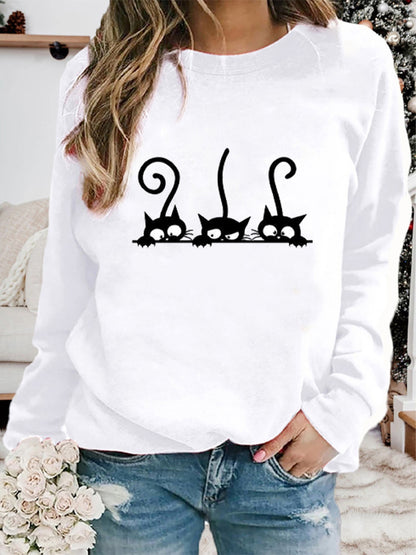 Comstylish Women's Casual Black Cat Print Sweatshirt