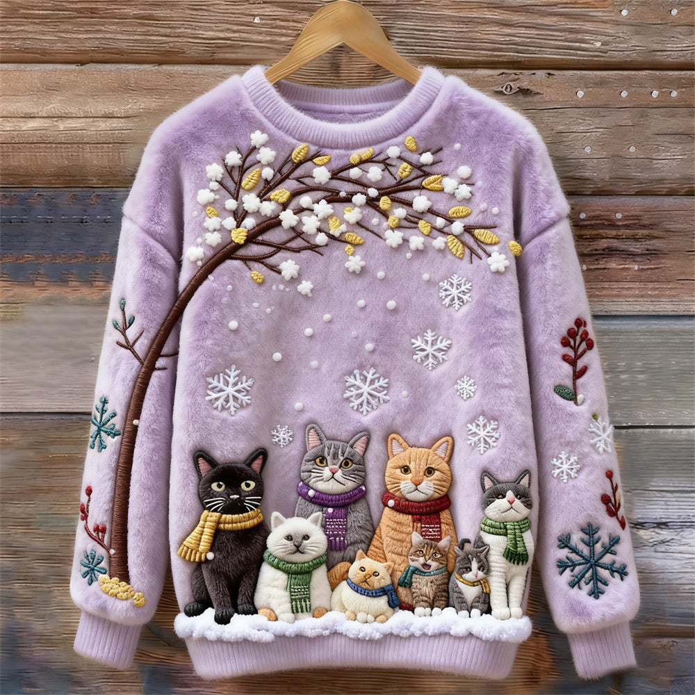 Christmas Cats Embroidery Women's Cozy Plush Sweater artswardrobe