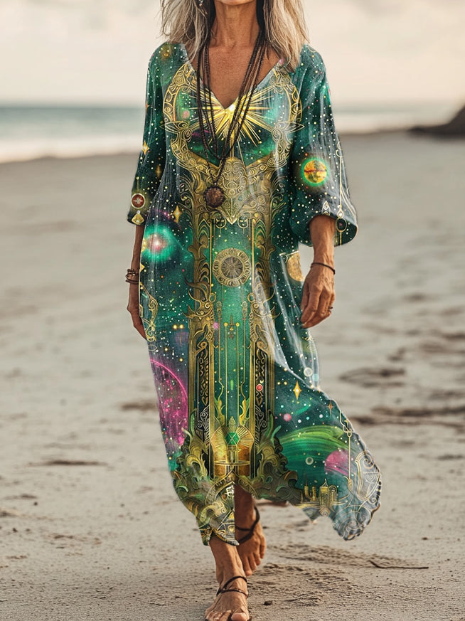 Women's Star Embellished Pattern Art Print Pocket Cotton Dress