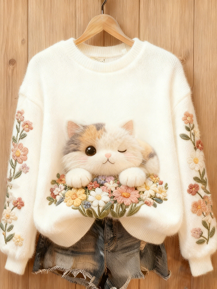 Comstylish Floral Cat Flannel Crewneck Sweatshirt