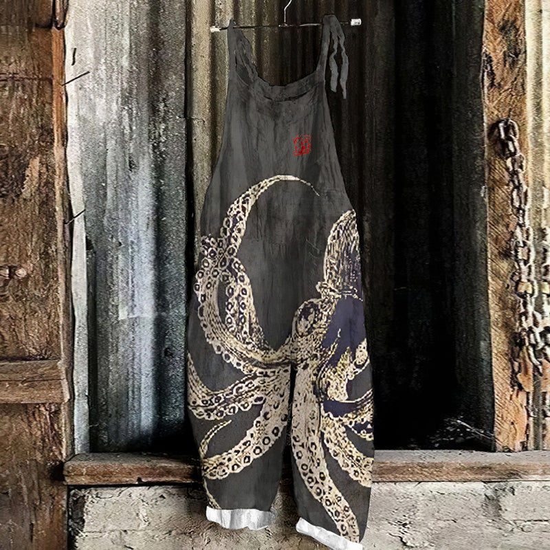 Comstylish Vintage  Japanese Octopus Linen Blend Loose Casual Jumpsuit