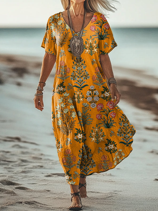 Women's Art Floral Hippie Vintage Print V-Neck Short Sleeve Dress