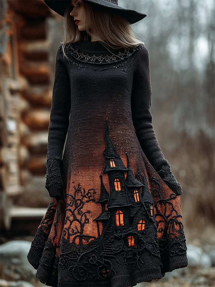 Halloween Dark Forest Castle Gradient Cozy Knit Sweater Dress artswardrobe