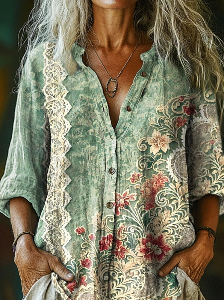 Women's Vintage Folk Collage Floral Print Casual Cotton And Linen Shir