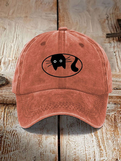 Comstylish Japanese Art Black Cat Print Washed Hat
