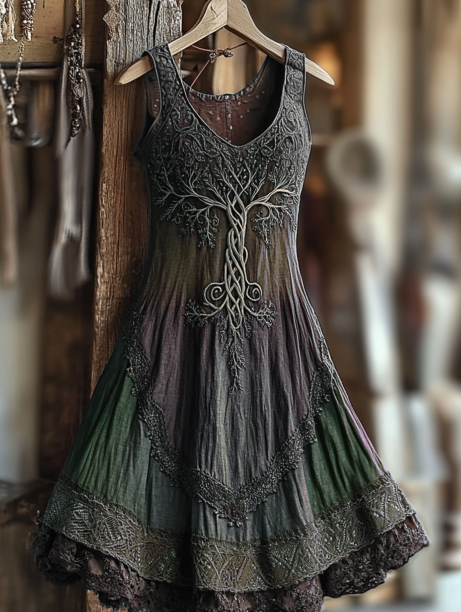 Women's Vintage  Viking Tree Of Life Gradient Linen Dress artswardrobe